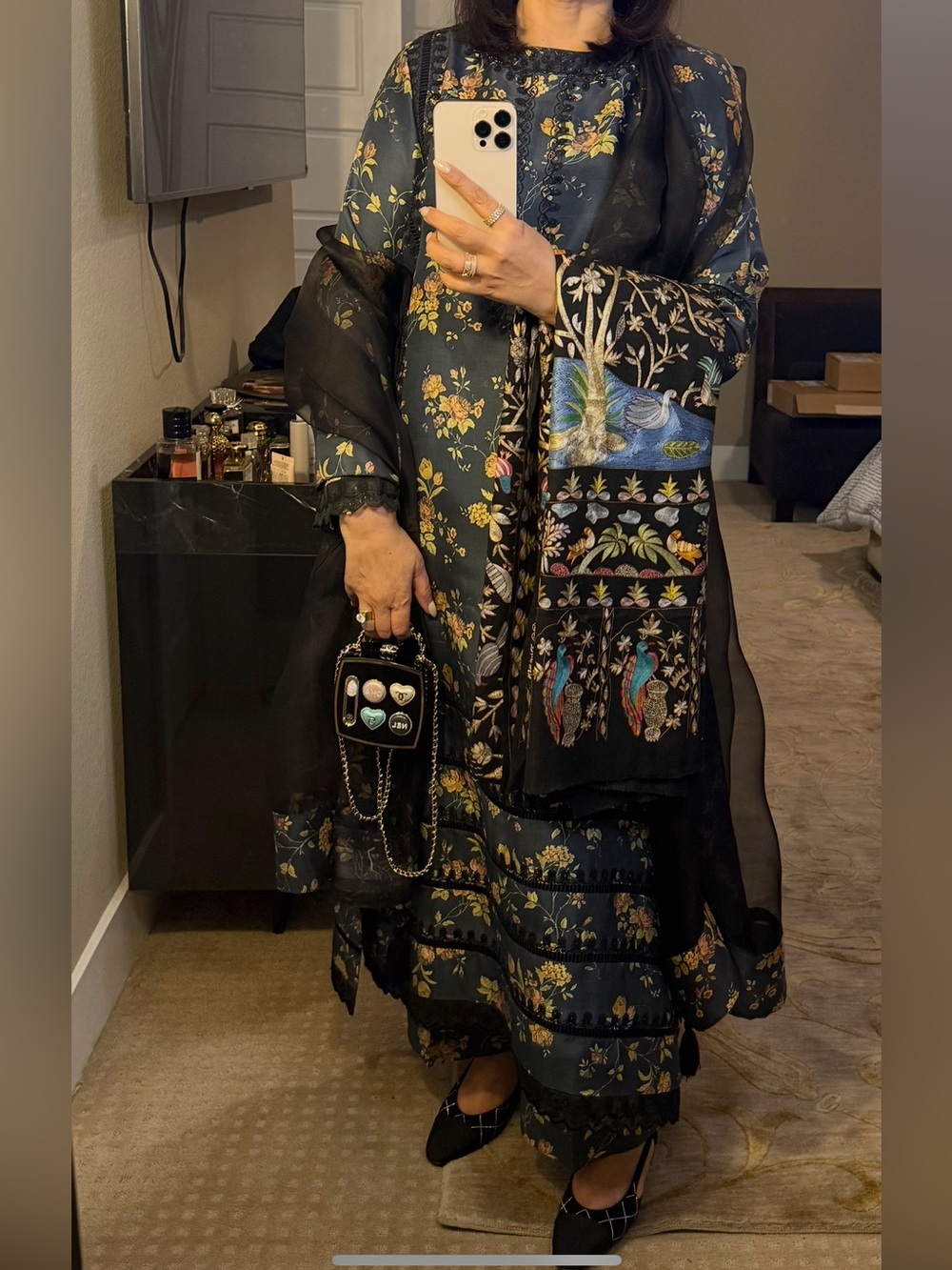 Floral Black Printed Long Dress with Embroidered Black Scarf
